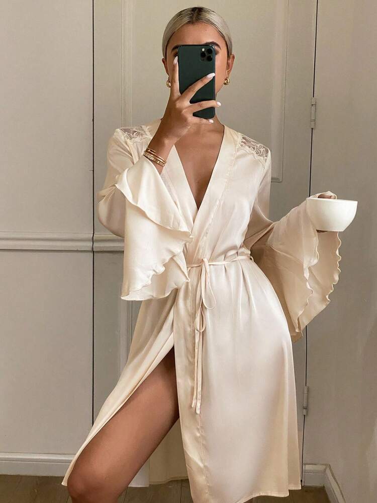 Satin & Lace Patchwork Ruffle Sleeve Women's Bathrobe, Fall Pajama, Winter