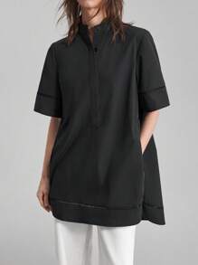 Ontre 2025 Women's Solid Color Button Half Placket Short Sleeve Pocket Casual Shirt, Suitable For Daily Casual, Commuting, Music Festivals, Brunch, Summer Shirt, Elegant Ladies Shirt, Party Wear, Business Casual, Office Attire, Professional Women's Clothing, Button-Up Shirt