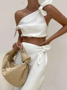 INAWLY 2pcs/Set Women Solid Asymmetrical Hem Cropped Top And Knotted Waist Maxi Skirt Fashionable Set - White - View 2