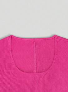 SHEIN 女士纯色短袖圆领修身连体裤，休闲度假 - 玫紅色 - 查看 5