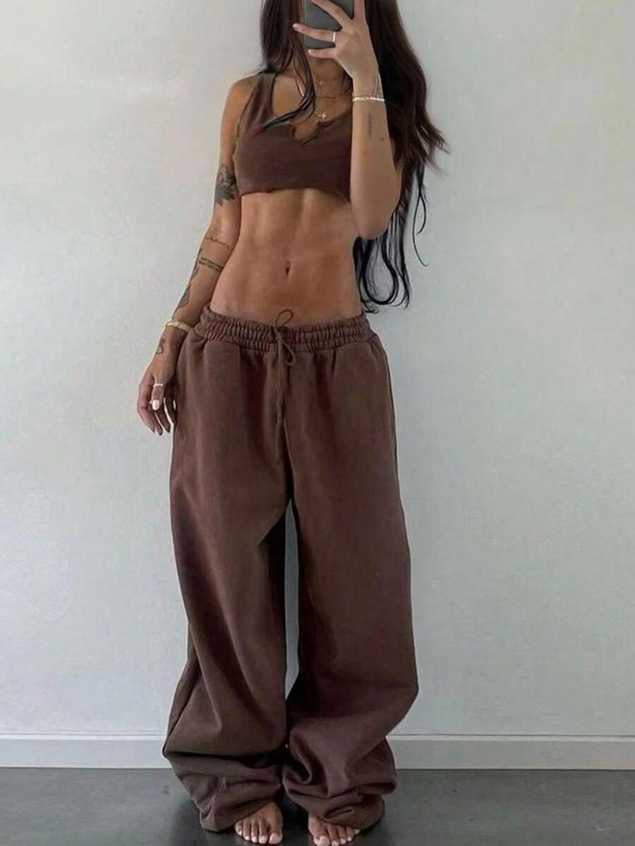 INAWLY 2 件套女士简约纯色无袖上衣和长裤，休闲装