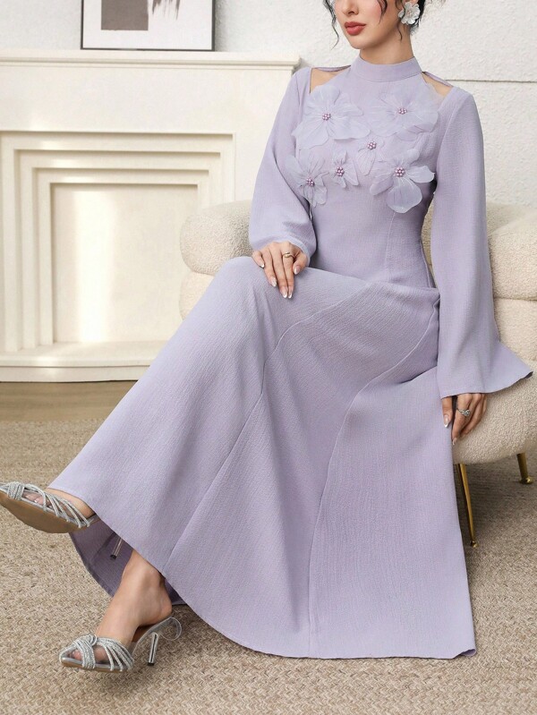 Yasmyna Vestido romántico con hombros descubiertos y flores 3D en estilo árabe para mujer de talla grande, color lavanda