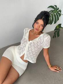 Aloruh Women's Sexy Cute Button Up Crop Top And Low Waist Mini Short Crocheted Beach 2 Pieces Set,Island Vacation Outfits Women,2 Pieces Sets Woman - White - View 1