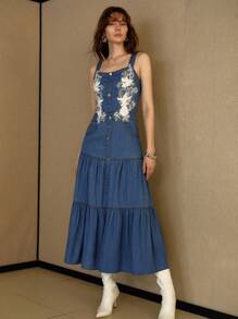 MOTF PREMIUM 仿珍珠串珠花卉刺绣牛仔连衣裙