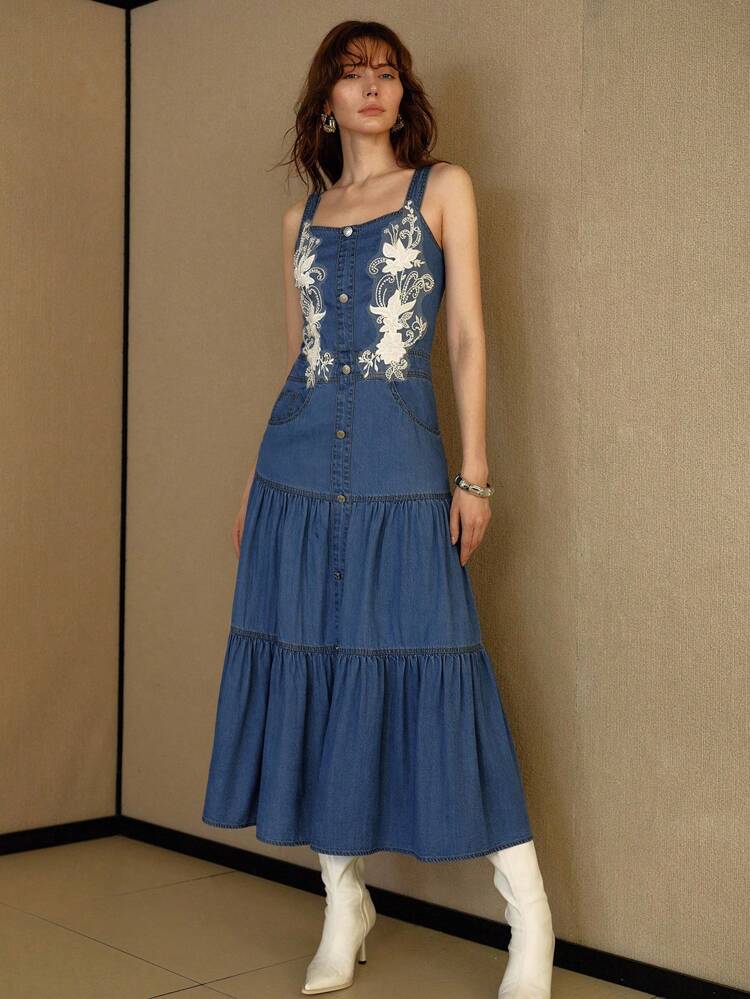 VESTIDO Denim COM BORDADO FLORAL DE CONTAS DE PÉROLAS ARTIFICIAIS