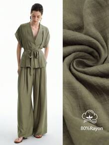 Aalyst 2pcs Women Summer Bohemian Style Tie Waist Dolman Sleeve V-Neck Top And Wide Leg Shorts Set - Green - View 1