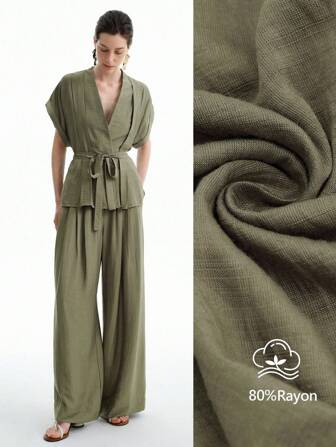 Aalyst 2pcs Women Summer Bohemian Style Tie Waist Dolman Sleeve V-Neck Top And Wide Leg Shorts Set