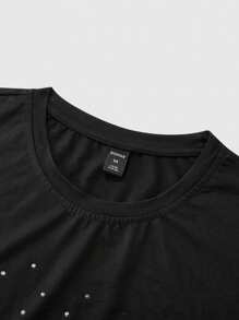 ROMWE MEN Street Life Street Style American Design Rhinestone Effect English Print Short Batwing Sleeve T-Shirt, Halloween - Black - View 6