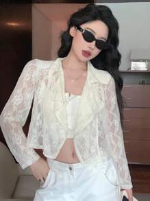 DAZY 女士宽松休闲街头风格撞色蕾丝长袖夹克薄外套，适合春、夏、秋、秋季女装 - 米色 - 查看 1