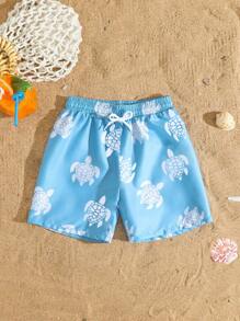 Traje de baño para niños con gráfico de tortuga y cintura con cordón - Multicolor - Ver 1