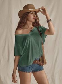 SHEIN LUNE Solid Butterfly Sleeve V Neck Tee - Dark Green - View 3