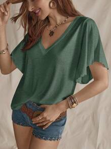 SHEIN LUNE Solid Butterfly Sleeve V Neck Tee - Dark Green - View 4