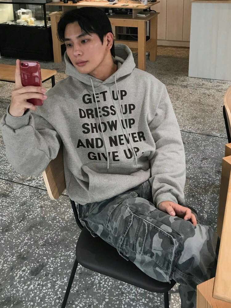 Men's Letter Print Drawstring Gray Hoodie, Autumn