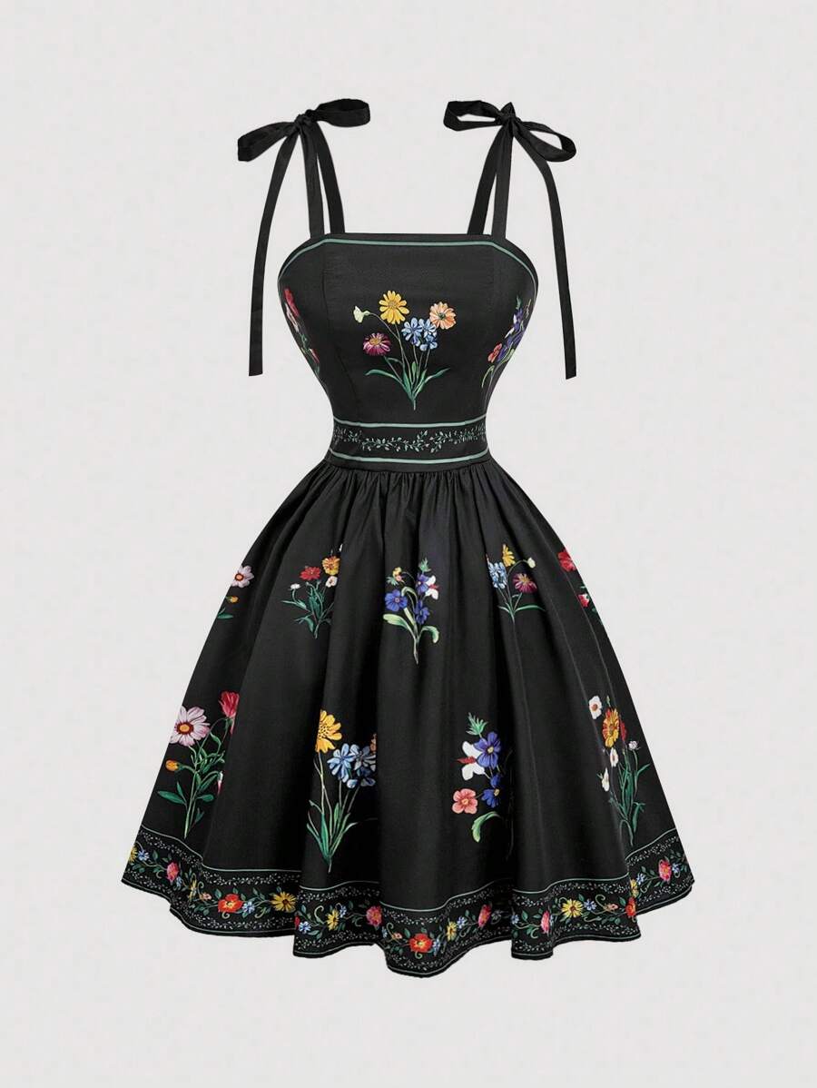 SHEIN MOD 女式花卉印花波西米亚风连衣裙 - 黑色 - 查看 1