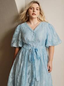 Anewsta Vestido de mujer de talla grande elegante con mangas abullonadas y lazo a la cintura en color azul fresco