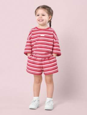 SUMWON Retro Stripe NYC Summer Co-Ord Lounge Set Three Quarter Sleeve Crop Top Matching Shorts Casual Everyday Wear Streetwear