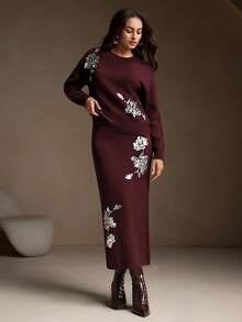 Anewsta Bộ 2 chiếc váy len dệt kim cổ điển đính sequin thanh lịch dành cho nữ - Màu Đỏ Sâu - Xem 4