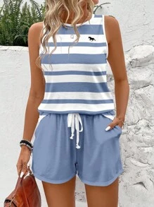 SHEIN LUNE Bộ 2 áo ba lỗ cổ tròn họa tiết ngựa mini đơn giản và quần short họa tiết sọc màu cho nữ, phù hợp cho mùa hè - Nhiều màu - Xem 1