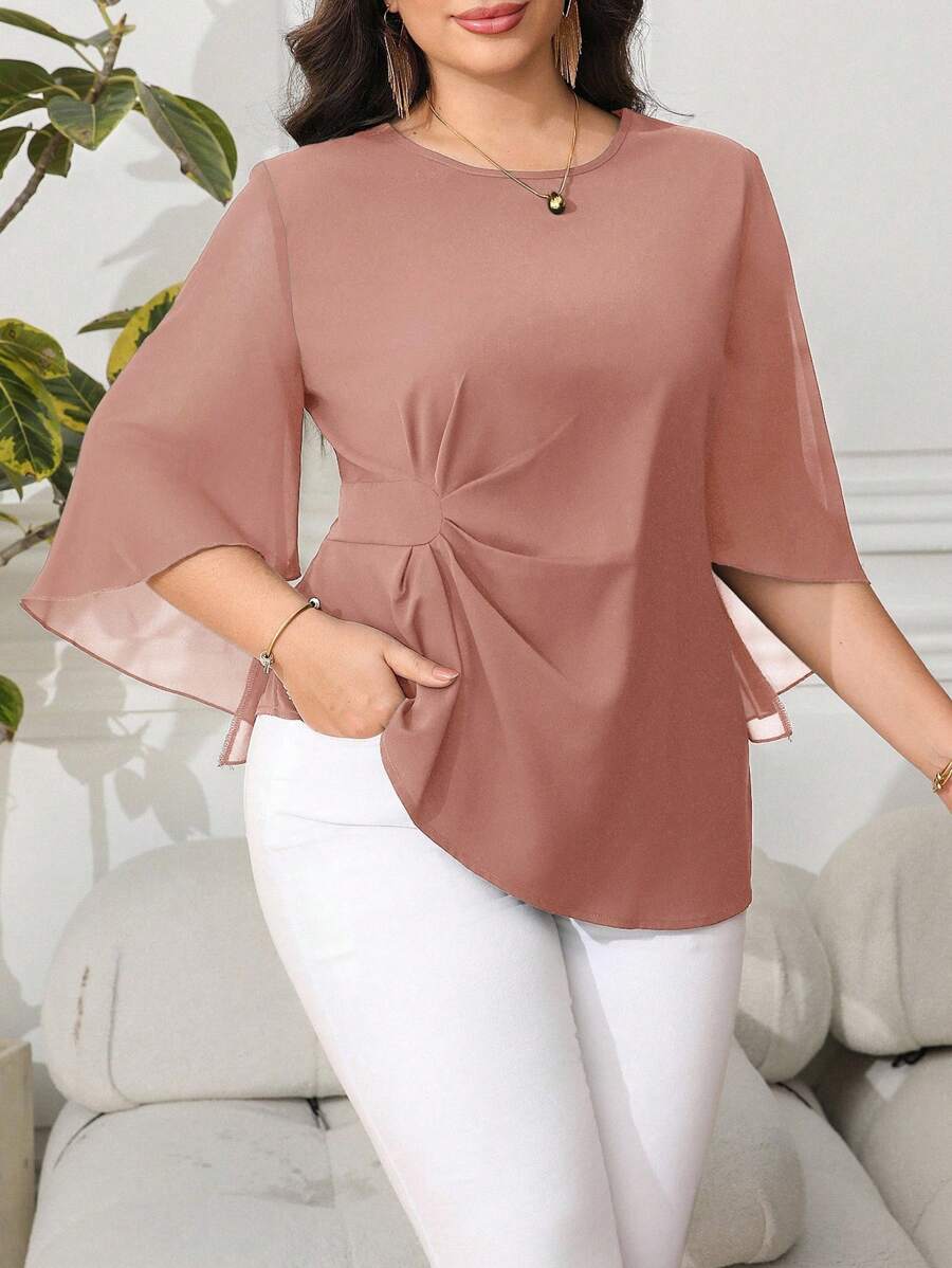 Plus Size Elegant Solid Color Flared Sleeve Shirt, For Work Chiffon Blouses For Women - Pink - View 1