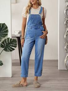 EMERY ROSE Mono vaquero casual de verano con bolsillos y silueta entallada para mujer - Azul - Ver 3