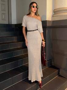 Siren Gaze 女士优雅纯色露肩针织连衣裙罗纹连衣裙长款修身连衣裙紧身长裙修身连衣裙针织连衣裙秋冬女装 - 杏色 - 查看 4