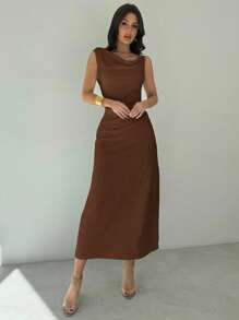 Firerie 女士白色肩带荷叶边腰部中长连衣裙，百搭 - 优雅通勤，性感度假，时尚前卫，春夏季，适合通勤、优雅、性感、度假、海滩、夏威夷、婚礼季、毕业典礼、舞会 - 棕色 - 查看 4