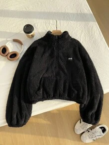 SHEIN EZwear Plus Size Women Letter Printed Long Sleeve Zip Up Fleece Jacket,Fall,Winter,Back To School,Teddy Comfortable Fluffy,Warm Autumn - Multicolor - View 6