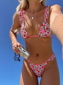 Swim Mod Damen 3-teiliges Set mit Strandtasche, bedrucktem Muster, einfachem Dreieck Bikini Badeanzug