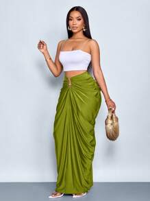 SOLERSUN Váy xếp ly màu trơn thời trang nữ - Màu xanh Ô liu - Xem 3