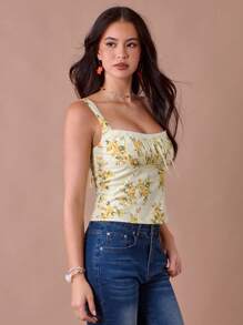 Enchnt 夏季浪漫女士奶油黄色花卉印花系带前褶皱方领吊带背心上衣，休闲舒适，适合生日、节日派对、甜蜜约会、日常通勤、度假和婚礼季节必备，夏季百搭女士，音乐会女士 - 黃色 - 查看 5