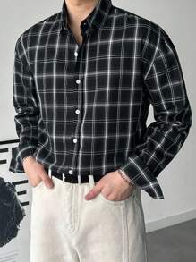 DAZY 男士格子纽扣长袖衬衫，适合春秋季 - 黑色 - 查看 3