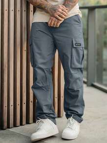 Manfinity Roughcore 男士多口袋休闲时尚直筒实用美式工装裤，灰色后袋工装裤男士战术工作裤街头潮流，秋季 - 霧霾藍 - 查看 4