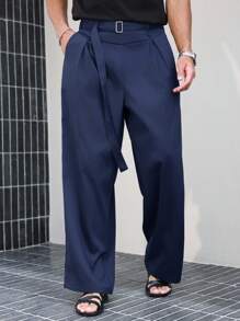 Manfinity Roghcode 男士黑色高腰百褶阔腿裤，腰带装饰，时尚百搭款式男士阔腿裤男士高腰裤海军蓝裤子男士束腰裤男士百褶裤，秋季 - 藏蓝色 - 查看 4