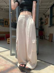 DAZY Women's Casual Solid Color Wide Leg Cargo Pants - Apricot - View 5
