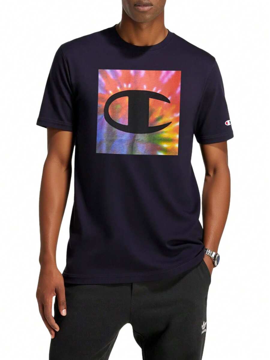 Champion 男士字母印花圆领短袖休闲T恤，夏季 - 藏蓝色 - 查看 1