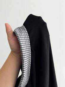 Maweii Plus Size Women Lapel Patchwork Plaid Faux 2-In-1 Top - Black - View 3