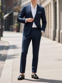 Manfinity Mode Conjunto de chaqueta y pantalón casuales de manga larga con solapa con textura jaspeada para hombre de talla grande - Azul Marino - Ver 1