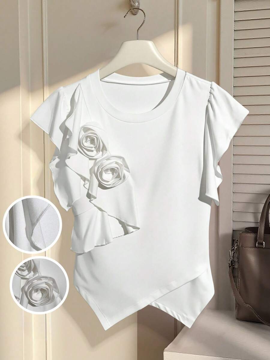 SHEIN Privé Women's Casual Solid Color Minimalist Fashion T-Shirt, Suitable For Summer - White - View 1