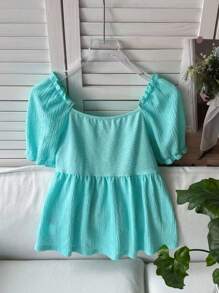 SHEIN LUNE 女士休闲纯色纹理薄荷绿泡泡袖T恤，基础日常可爱上衣，夏季女士度假沙滩露脐上衣，外出上衣，夏威夷风情，街头风，夏季女士外出沙滩上衣，波西米亚系带上衣 - 青碧色 - 查看 2