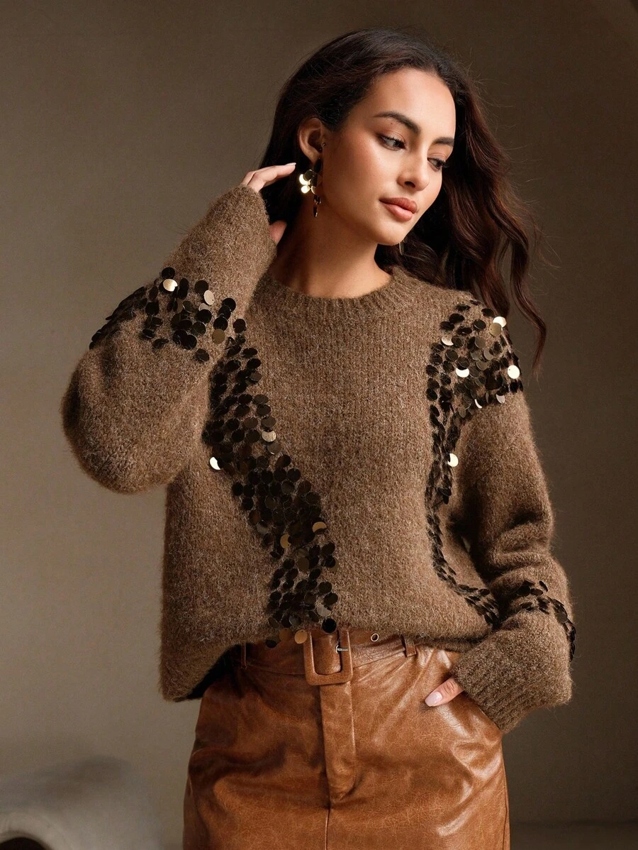 Anewsta Áo len cổ tròn thêu sequin thời trang cao cấp kiểu Pháp cổ điển, thu/đông - Màu nâu Mocha - Xem 1