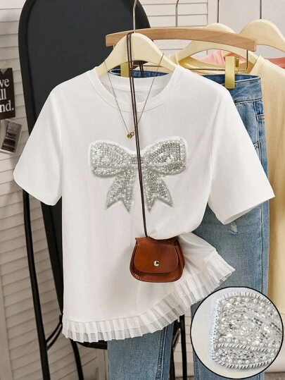 INAWLY 夏季时尚女式标准尺码流苏T恤，甜美闪亮蝴蝶结设计
