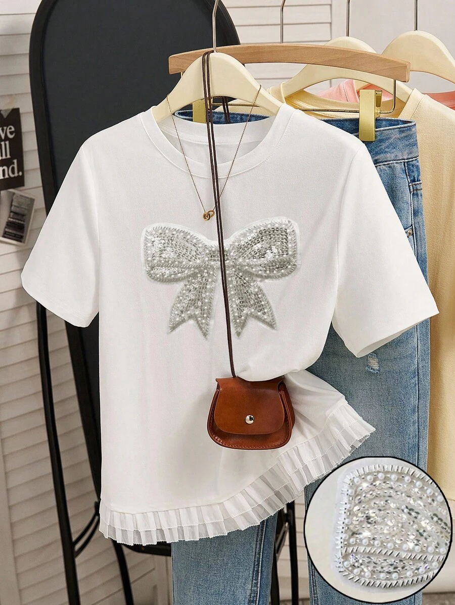 INAWLY Kaos Wanita Ukuran Standar Model Rumbai, Desain Pita Mengkilap yang Manis, Modis untuk Musim Panas - Putih - View 1
