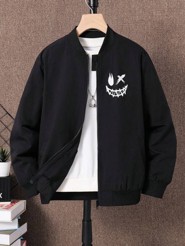 SHEIN Tween Boy Smiling Face Pattern Long Sleeve Casual Baseball Collar Windbreaker Jacket  Suitable For Kids Outfits Toddler Boy Clothes Back To School Boys Set Suitable For Birthday Parties, Evening Parties, Performances, Weddings, Baptisms, Opening Ceremonies Daily Suitable For Daily Use Suitable For School Suitable For Travel Suitable For Sports Suitable For Spring, Autumn And Winter Seasons
