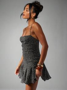 MISSGUIDED Flirty Floral Mini Dress Chiffon Empire Waist Cami Strap Summer Wedding Guest Fit And Flare Ruffle Hem - Black and White - View 1