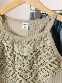SHEIN Girls' Vacation Beach Countryside Crochet Ruffled Halter Cropped Tank Top, Summer