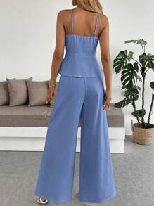 SHEIN LUNE 2件套白色休闲修身吊带背心和阔腿裤 - 藏蓝色 - 查看 2