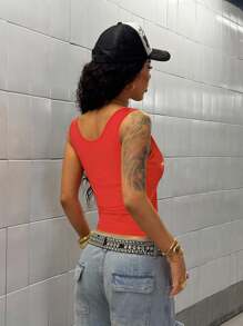 StreetHx 女士街头风印花水钻装饰紧身运动背心，简约春夏紧身款