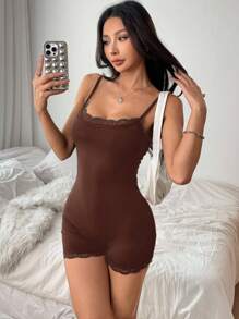 CovetEZ 女士棕色蕾丝拼布细肩带紧身衣 - 棕色 - 查看 7