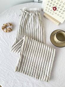 SHEIN Tween Girls' Loose Casual Comfortable Patchwork Contrast Color Striped Pants Fall Winter - Apricot - View 3