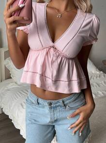 SHEIN EZwear 女士休闲简约纯色V领短袖T恤，腰部收紧设计，适合外出穿着，娃娃衫款式 - 粉色 - 查看 4